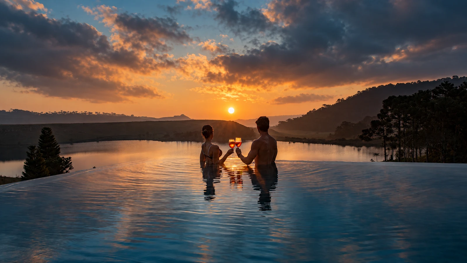 Casal contemplando o pôr do sol na piscina de borda infinita do Rio do Rastro Eco Resort