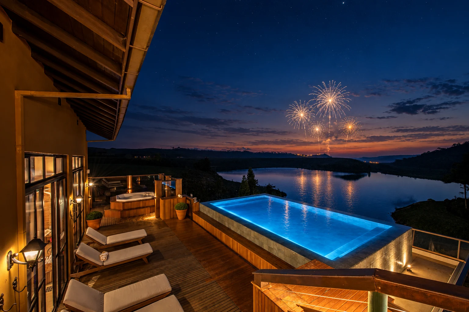 Vista noturna da piscina e deck do Rio do Rastro Eco Resort com fogos de Réveillon sobre o lago e a Serra Catarinense